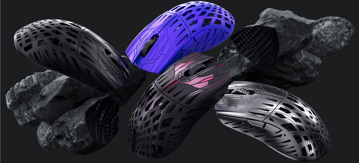 Trinity CF gaming mice in distinctive colorways, displayed with carbon-fiber material